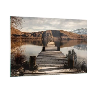 Impression sur verre - Image sur verre - Une jetée en bois au-dessus d'un lac avec vue sur les montagnes en arrière-plan - 120x80cm - Paysage silencieux - Décoration murale moderne pour le salon et la chambre ARTTOR