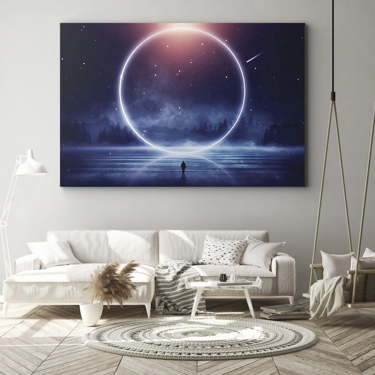 Impression sur toile - Image sur toile - Un paysage magique avec une silhouette et un cercle de lumière la nuit - 70x50cm - Ils sont déjà là... - Décoration murale moderne pour le salon et la chambre ARTTOR