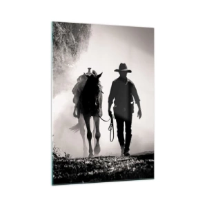 Impression sur verre - Image sur verre - Silhouette d'un cow-boy conduisant un cheval à travers un paysage brumeux - 50x70cm - Matinée texane - Décoration murale moderne pour le salon et la chambre ARTTOR