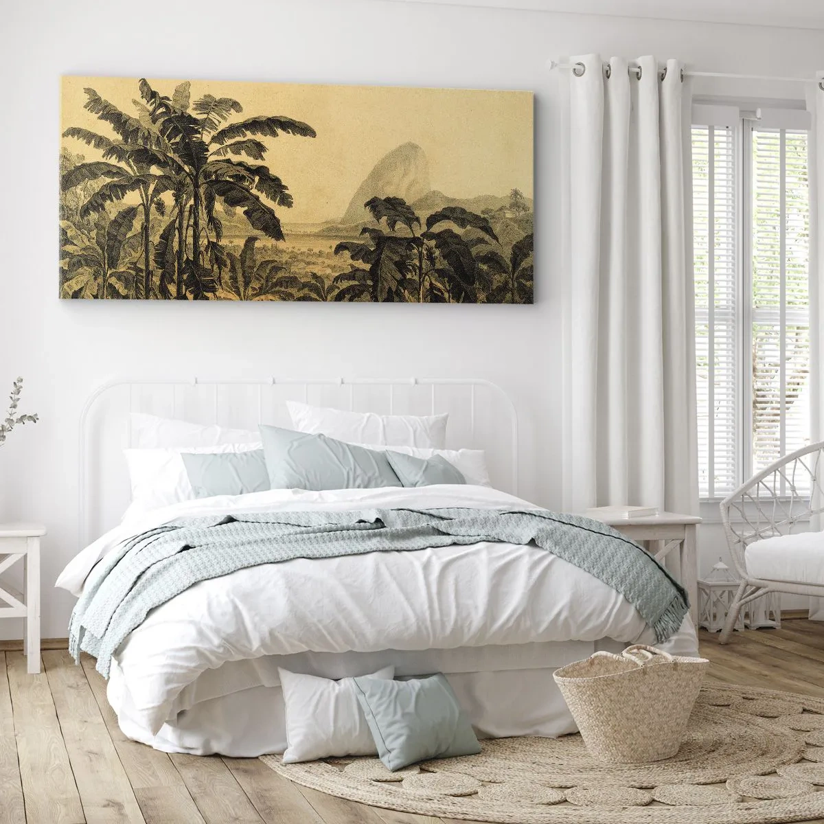 Impression sur toile - Image sur toile - Dessin de bananiers sur fond de paysage tropical - 120x50cm - Dans un climat colonial - Décoration murale moderne pour le salon et la chambre ARTTOR