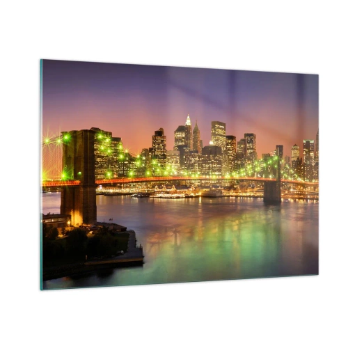 Impression sur verre - Image sur verre - Pont illuminé sur la rivière avec vue panoramique sur la ville au crépuscule - 100x70cm - Ici la lumière ne s'éteint jamais - Décoration murale moderne pour le salon et la chambre ARTTOR