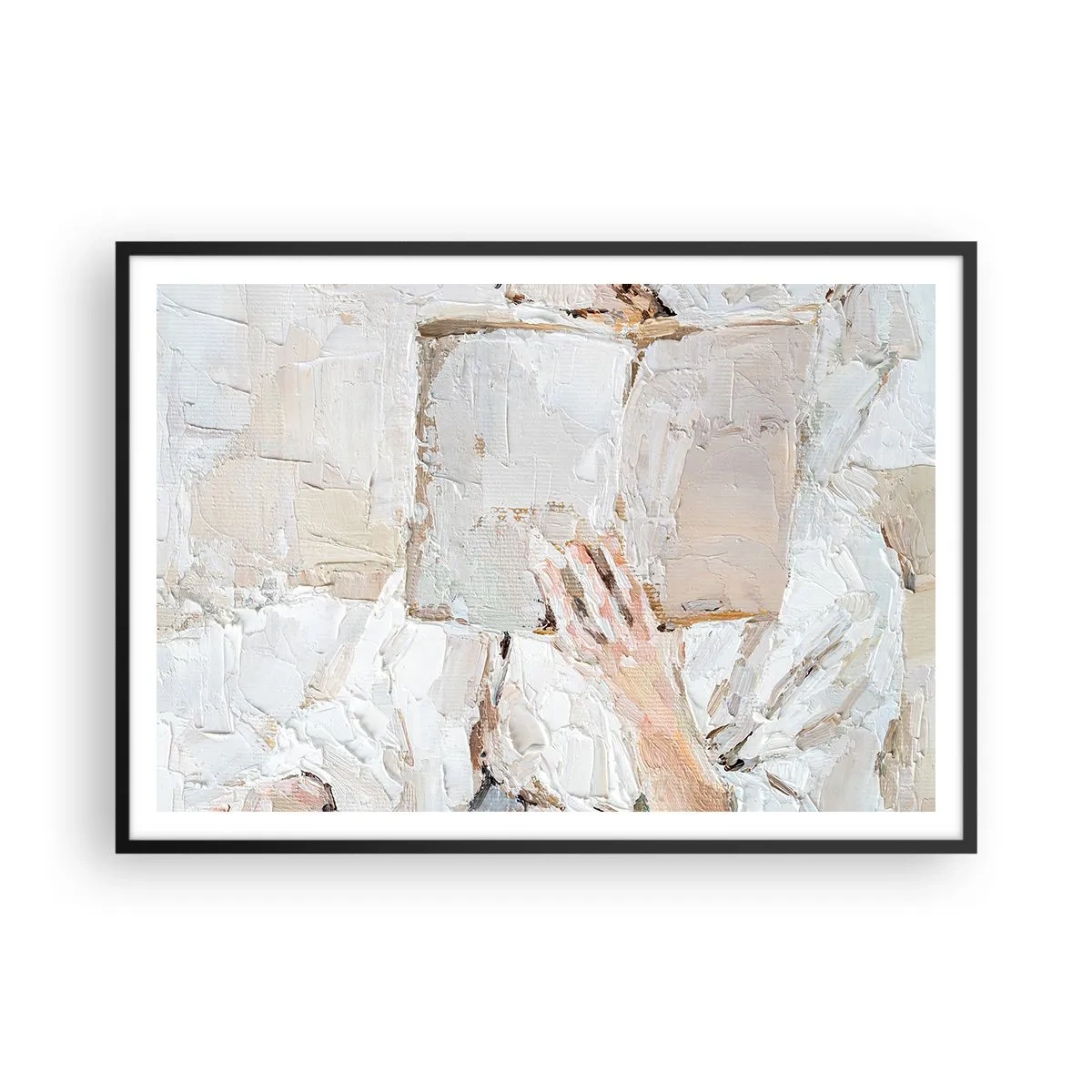 Affiche dans un cadre noir - Poster - Une peinture impressionniste d'une main tenant un livre ouvert. - 100x70cm - Dans un autre monde - Décoration murale moderne pour le salon et la chambre ARTTOR