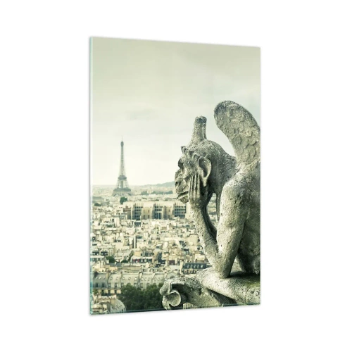 Impression sur verre - Image sur verre - Gargouilles surplombant les toits de Paris et la Tour Eiffel - 80x120cm - Bavardage parisien - Décoration murale moderne pour le salon et la chambre ARTTOR