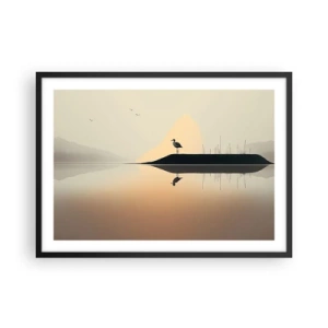 Affiche dans un cadre noir - Poster - Un oiseau sur une île dans un lac calme aux teintes chaudes - 70x50cm - Le seigneur du lac - Décoration murale moderne pour le salon et la chambre ARTTOR