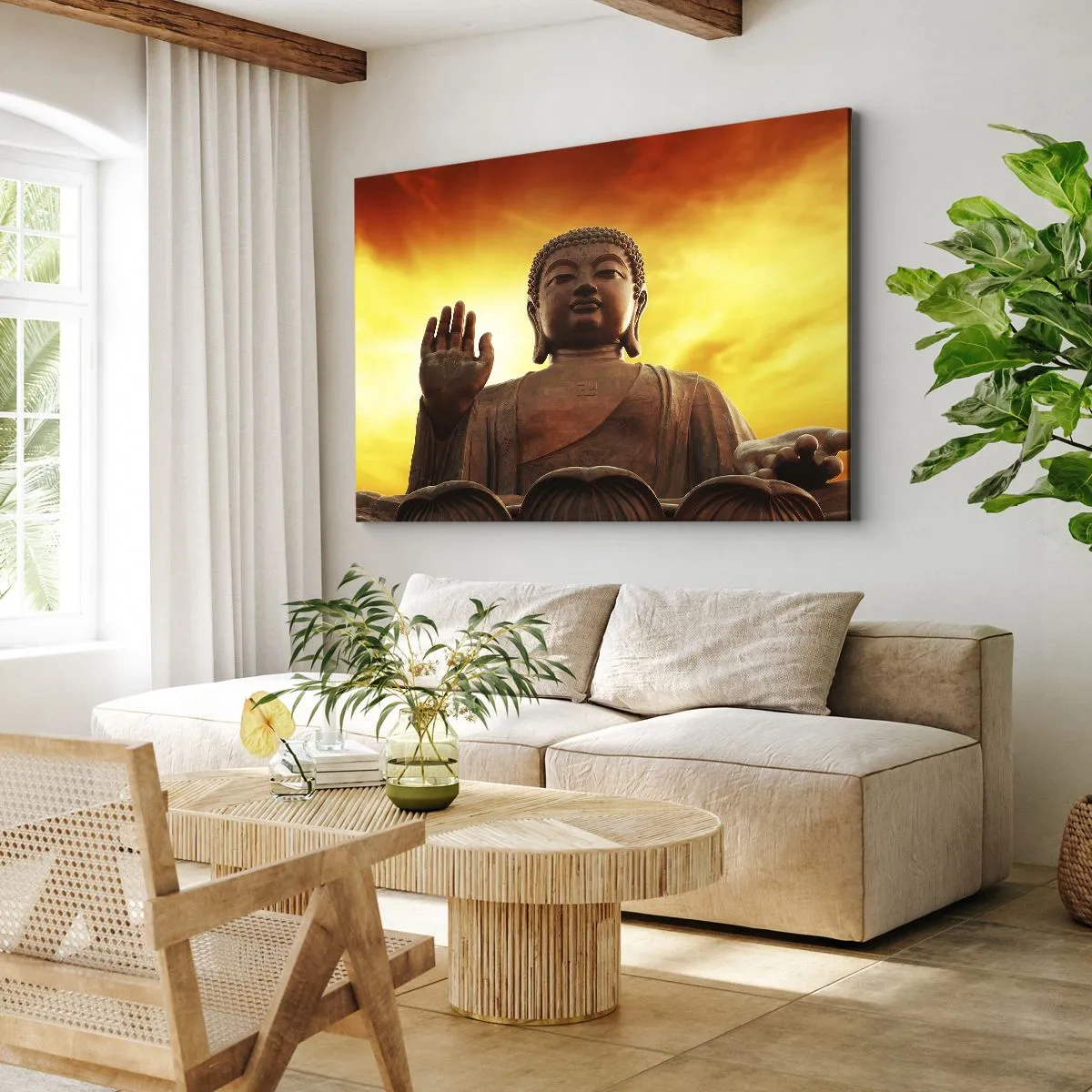 Impression sur toile - Image sur toile - Une statue de Bouddha contre un ciel de coucher de soleil doré - 120x80cm - La paix du monde - Décoration murale moderne pour le salon et la chambre ARTTOR