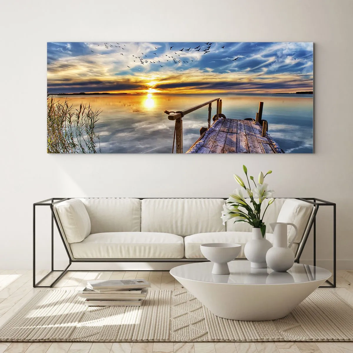Impression sur verre - Image sur verre - Jetée en bois sur le lac au coucher du soleil - 140x50cm - Le vent se repose - Décoration murale moderne pour le salon et la chambre ARTTOR