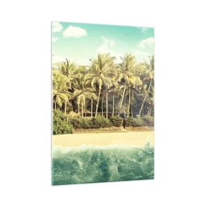 Impression sur verre - Image sur verre - Une plage exotique avec des palmiers et une mer turquoise par une journée ensoleillée - 50x70cm - Peut-être ici? - Décoration murale moderne pour le salon et la chambre ARTTOR