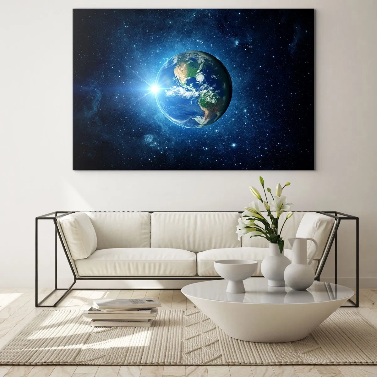 Impression sur verre - Image sur verre - La Terre vue de l'espace avec des rayons de lumière - 120x80cm - Nous sommes au paradis - Décoration murale moderne pour le salon et la chambre ARTTOR