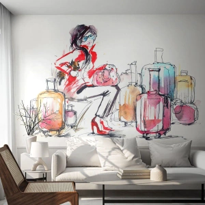 Papier Peint Photo Premium Sand - Femme élégante voyageant avec des valises colorées - 100x70cm - Asseyons-nous avant le voyage - Décoration murale moderne pour le salon et la chambre ARTTOR