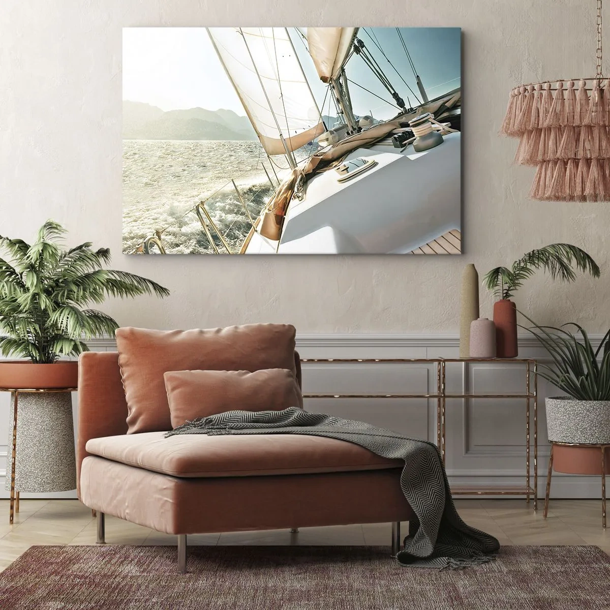 Impression sur toile - Image sur toile - Un yacht en pleine mer avec vue sur les montagnes - 70x50cm - Toutes voiles dehors - Décoration murale moderne pour le salon et la chambre ARTTOR