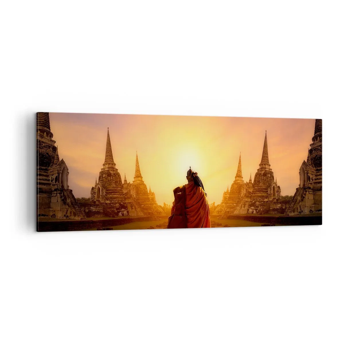 Impression sur toile - Image sur toile - Un moine parmi les temples au coucher du soleil - 140x50cm - En paix pour l'éternité - Décoration murale moderne pour le salon et la chambre ARTTOR