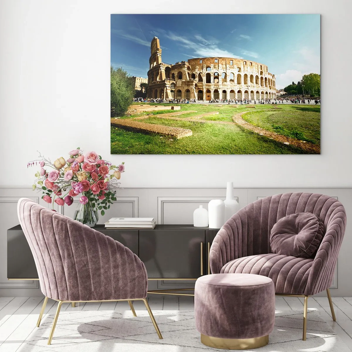 Impression sur verre - Image sur verre - Le Colisée de Rome illuminé par le soleil - 120x80cm - On entend encore la détonation de l'arme - Décoration murale moderne pour le salon et la chambre ARTTOR