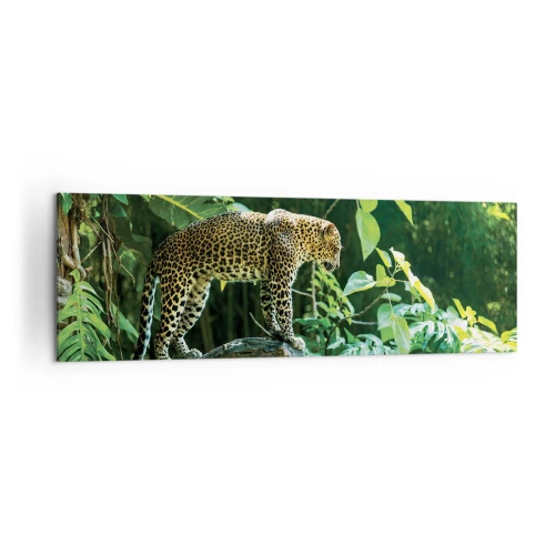 Impression sur toile - Image sur toile - Un léopard debout sur un rocher entouré de végétation tropicale - 160x50cm - À la chasse? - Décoration murale moderne pour le salon et la chambre ARTTOR