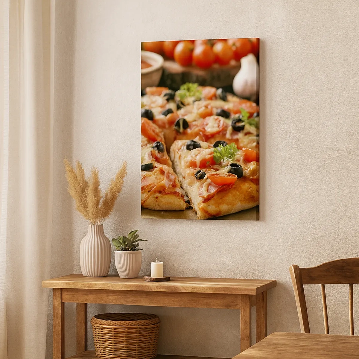 Impression sur toile - Image sur toile - Pizza aux tomates, olives et herbes fraîches sur la table - 50x70cm - Tu t'en es encore tiré - Décoration murale moderne pour le salon et la chambre ARTTOR