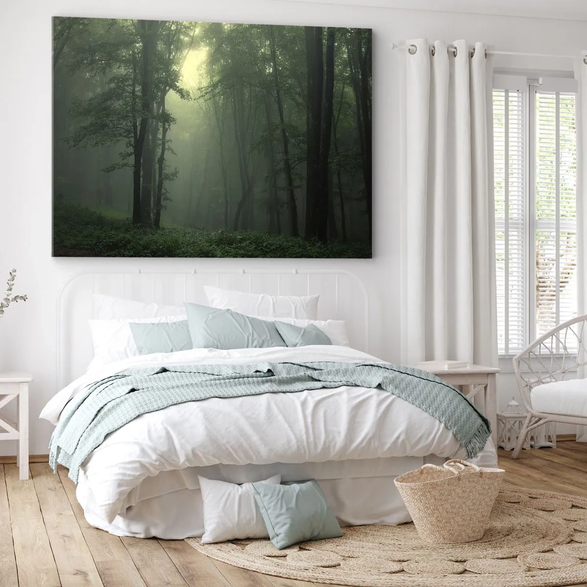 Impression sur toile - Image sur toile - Une forêt verte le matin enveloppée d'un brouillard délicat - 70x50cm - Avant qu'il ne se réveille - Décoration murale moderne pour le salon et la chambre ARTTOR