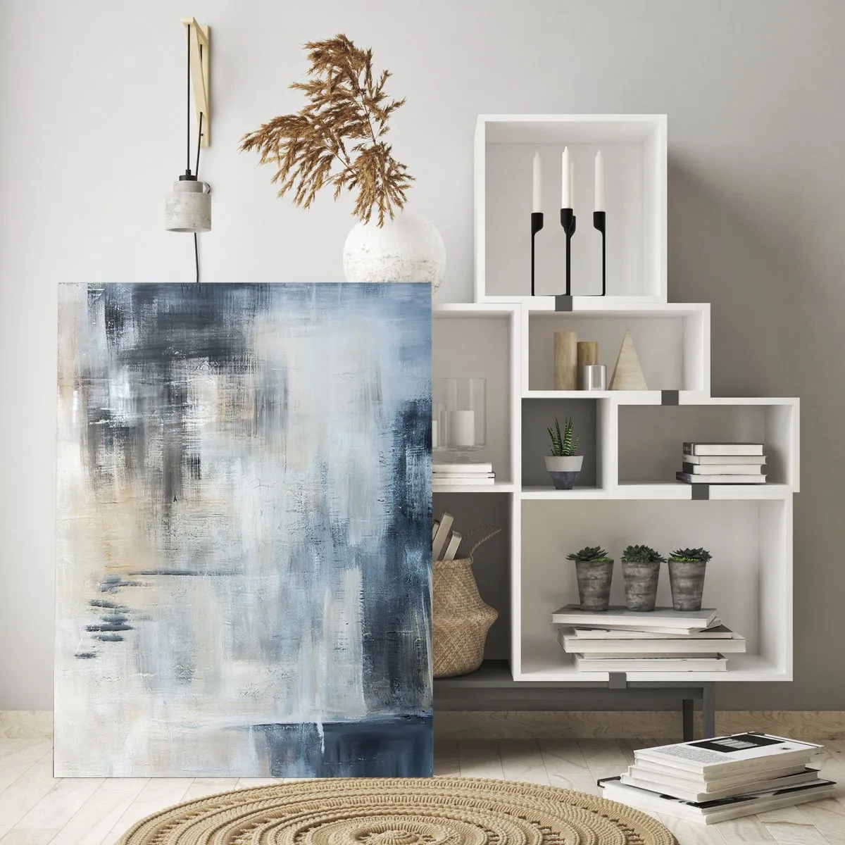 Impression sur verre - Image sur verre - Composition abstraite dans les tons de bleu et de gris - 50x70cm - Derrière le rideau bleu - Décoration murale moderne pour le salon et la chambre ARTTOR