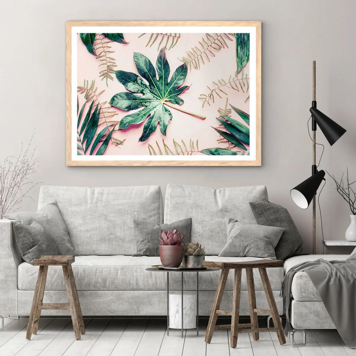 Affiche dans un chêne clair - Poster - Étude de verdure sur fond rose - 50x40 cm