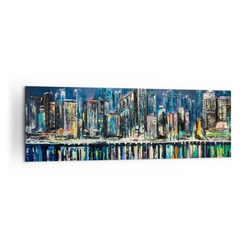 Impression sur toile - Image sur toile - Panorama de la ville nocturne reflétée dans l'eau - 160x50cm - Cascade de lumières - Décoration murale moderne pour le salon et la chambre ARTTOR