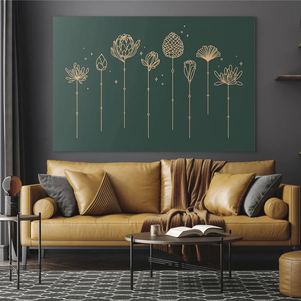 Impression sur verre - Image sur verre - Contours dorés d'herbes et de fleurs sur un fond vert foncé - 70x50cm - La famille Plante - Décoration murale moderne pour le salon et la chambre ARTTOR