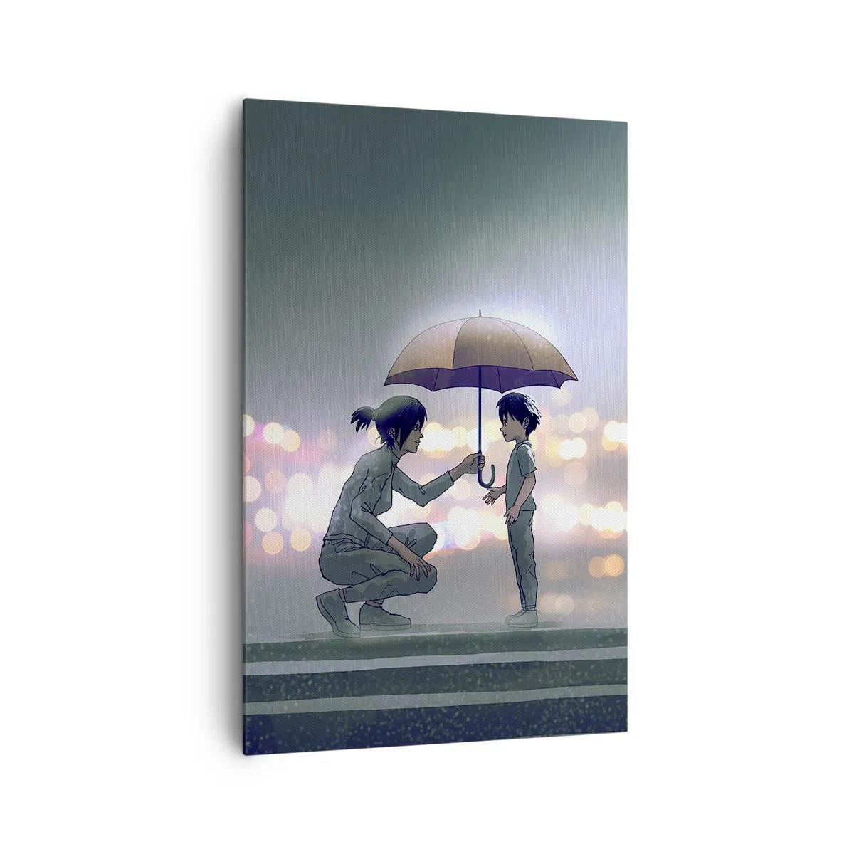 Impression sur toile - Image sur toile - Une silhouette avec un parapluie protégeant un enfant sur fond de lumières nocturnes. - 80x120cm - Et maintenant, tout va bien - Décoration murale moderne pour le salon et la chambre ARTTOR
