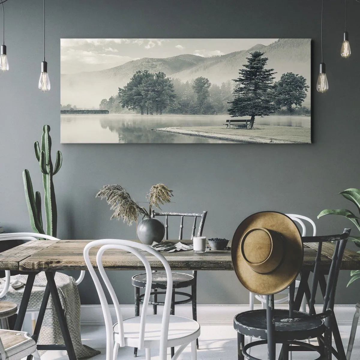 Impression sur toile - Image sur toile - Un lac pittoresque avec un banc et du brouillard en arrière-plan - 160x50cm - Le lac dort encore - Décoration murale moderne pour le salon et la chambre ARTTOR