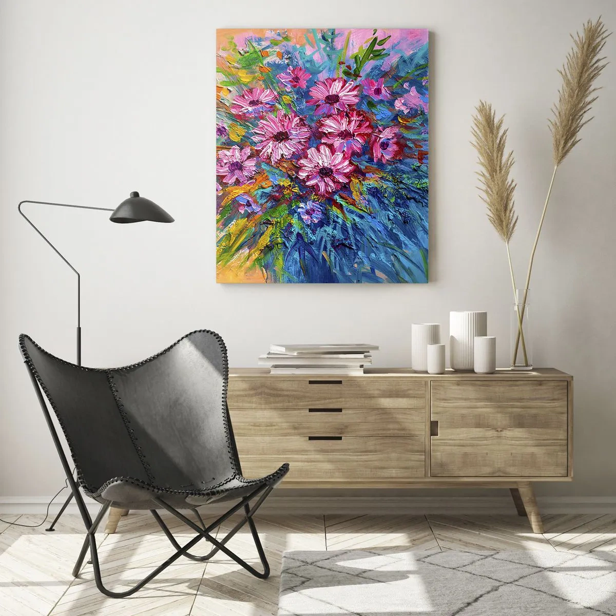 Impression sur verre - Image sur verre - Un bouquet de fleurs roses dans une composition artistique et colorée - 50x70cm - Énergie de la vie - Décoration murale moderne pour le salon et la chambre ARTTOR