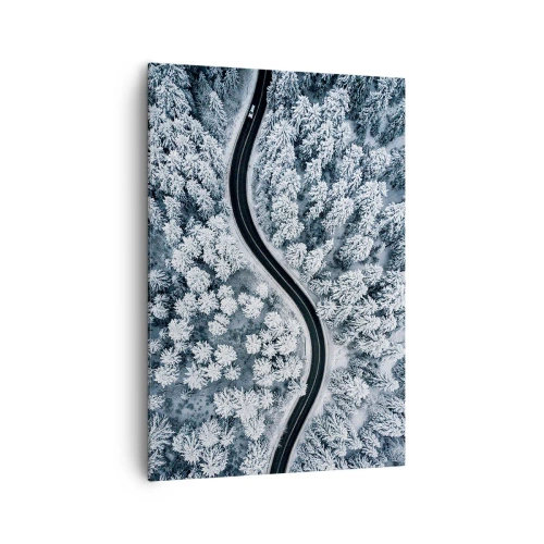 Impression sur toile - Image sur toile - Vue aérienne d'une route sinueuse dans une forêt hivernale - 70x100cm - À travers une forêt d'hiver - Décoration murale moderne pour le salon et la chambre ARTTOR