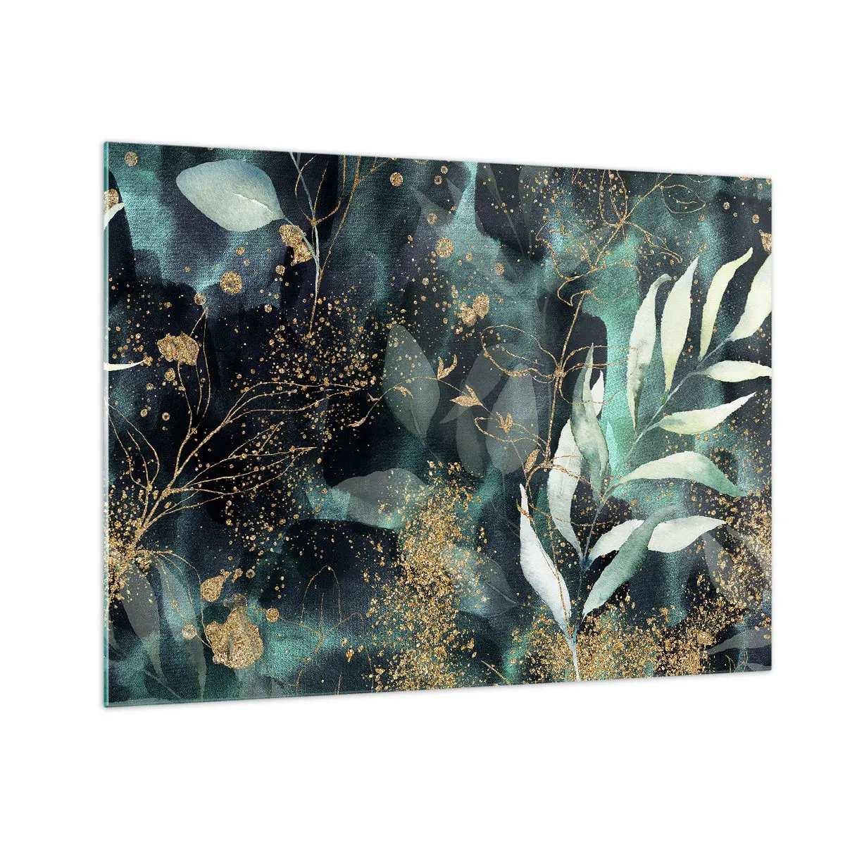 Impression sur verre - Image sur verre - Feuilles dorées et vertes sur fond sombre - 70x50cm - Jardin magique - Décoration murale moderne pour le salon et la chambre ARTTOR