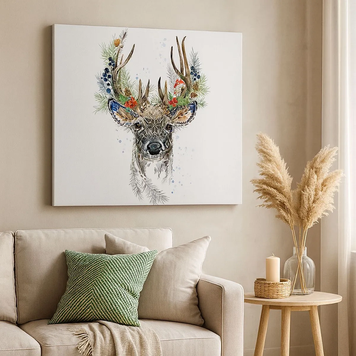 Impression sur toile - Image sur toile - Cerf stylisé avec des bois décoratifs sur fond blanc - 70x50cm - En robe de fête - Décoration murale moderne pour le salon et la chambre ARTTOR