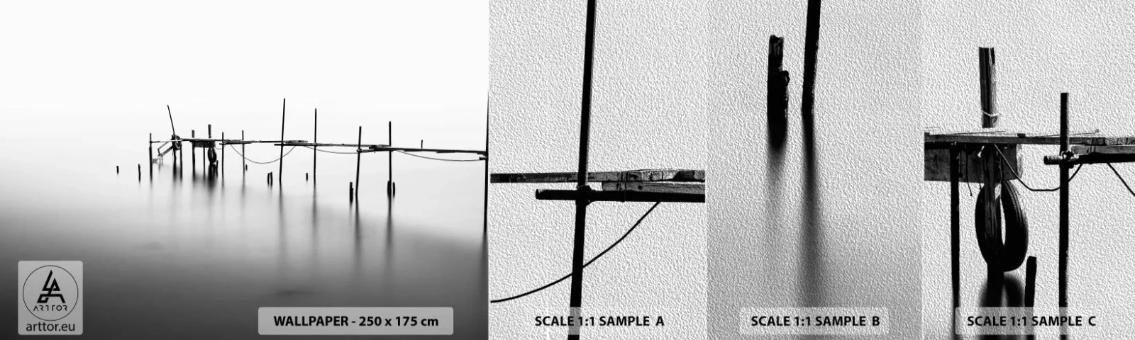 Échantillon de Papier Peint Premium Sand - Et s'il n'y avait pas de monde ? - Paysage, Pont de bois, Noir et blanc - 100x30 cm
