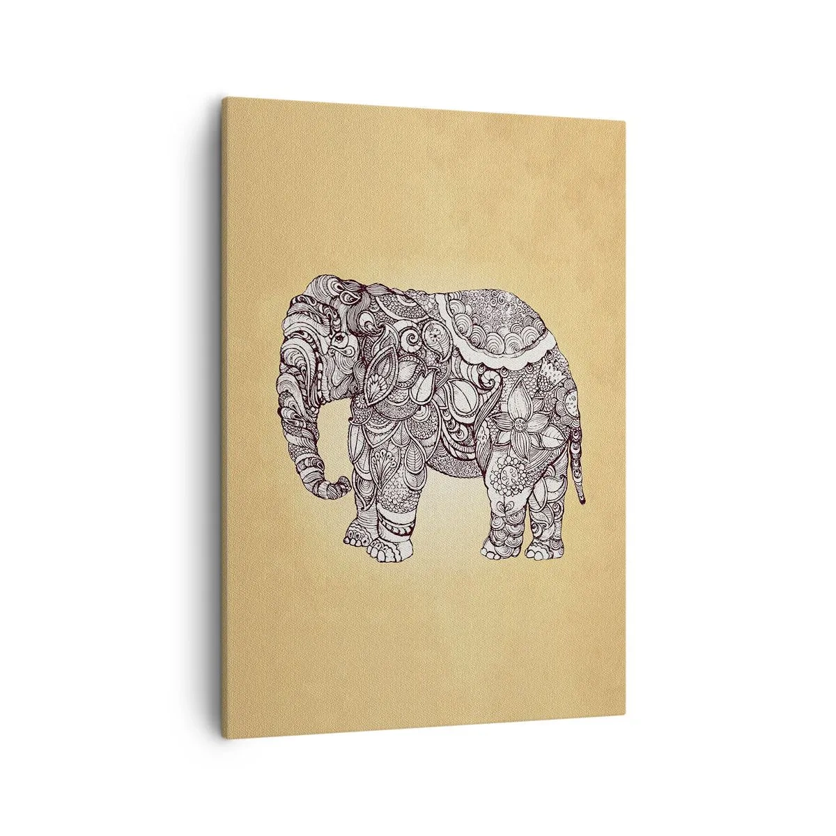 Impression sur toile - Image sur toile - Éléphant dessiné à la main avec un motif orné sur un fond beige - 50x70cm - L'éléphant s'est apprêté - Décoration murale moderne pour le salon et la chambre ARTTOR