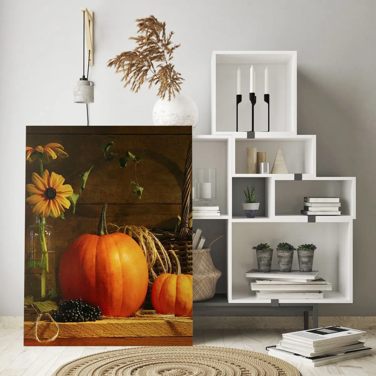Impression sur verre - Image sur verre - Composition d'automne avec citrouilles et fleurs sur fond de bois - 80x120cm - Une composition rustique - cadeaux d'automne - Décoration murale moderne pour le salon et la chambre ARTTOR