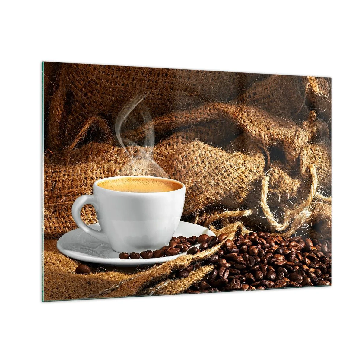 Impression sur verre - Image sur verre - Une tasse de café avec des grains sur un fond de jute - 100x70cm - L'odeur du moka et la densité du miel liquide - Décoration murale moderne pour le salon et la chambre ARTTOR