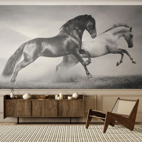 Papier Peint Photo Standard Eco - Chevaux noirs et blancs au galop dynamique - 100x70cm - Anges et démons - Décoration murale moderne pour le salon et la chambre ARTTOR