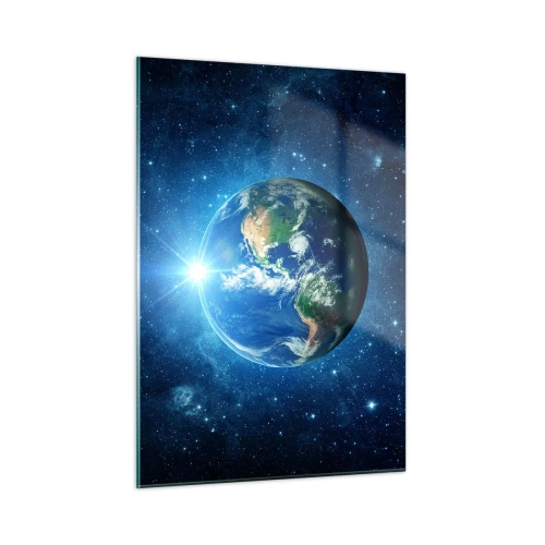 Impression sur verre - Image sur verre - La Terre vue de l'espace avec des rayons de lumière - 50x70cm - Nous sommes au paradis - Décoration murale moderne pour le salon et la chambre ARTTOR