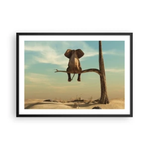 Affiche dans un cadre noir - Poster - Un éléphant assis sur une branche surplombant un paysage désertique - 70x50cm - Nouveau point de vue - Décoration murale moderne pour le salon et la chambre ARTTOR