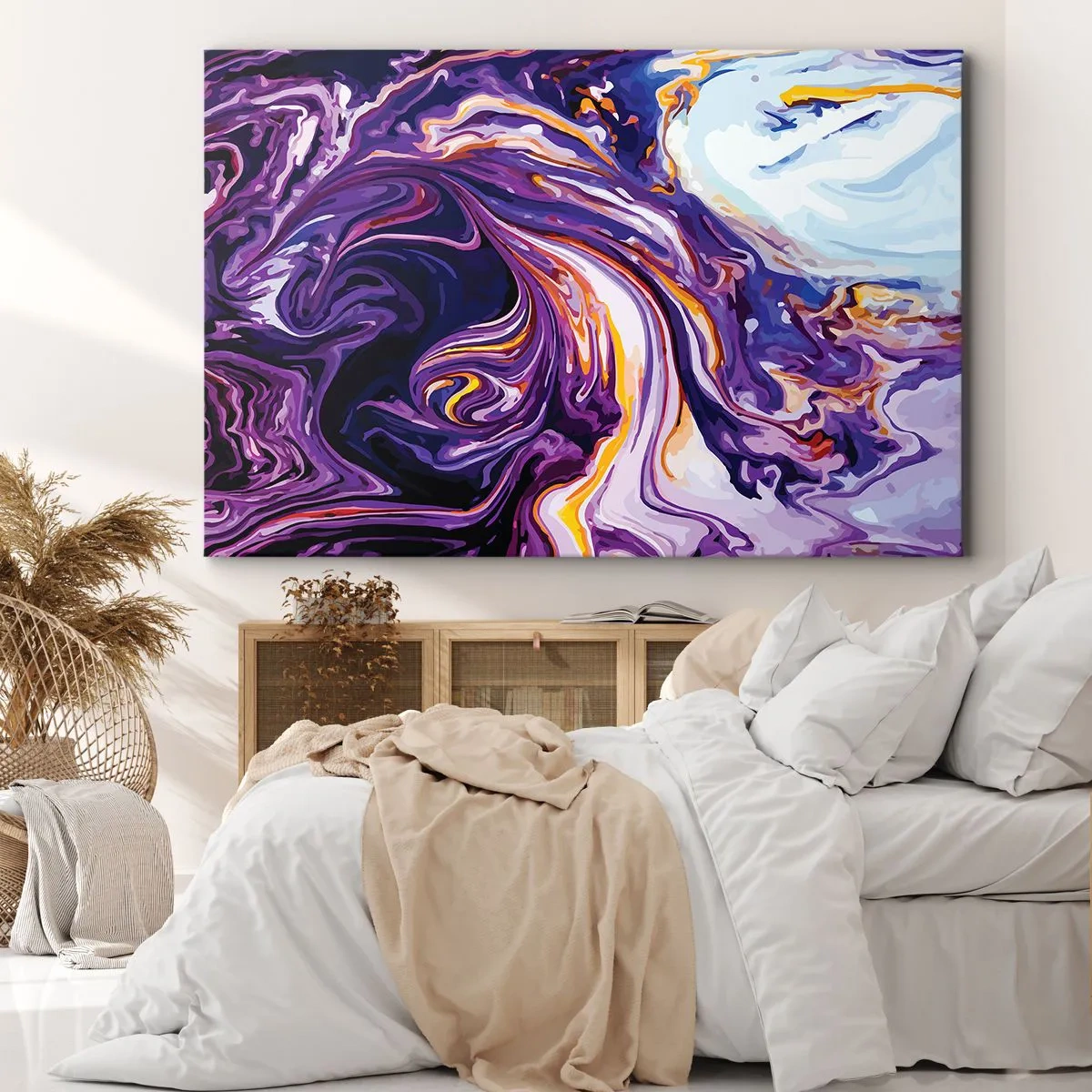 Impression sur toile - Image sur toile - Un motif abstrait dynamique dans des tons de violet et de jaune. - 70x50cm - La courbure de l'espace en violet - Décoration murale moderne pour le salon et la chambre ARTTOR