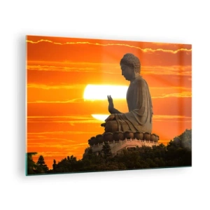 Impression sur verre - Image sur verre - Statue de Bouddha sur fond de soleil couchant - 70x50cm - Aucune peur du monde - Décoration murale moderne pour le salon et la chambre ARTTOR