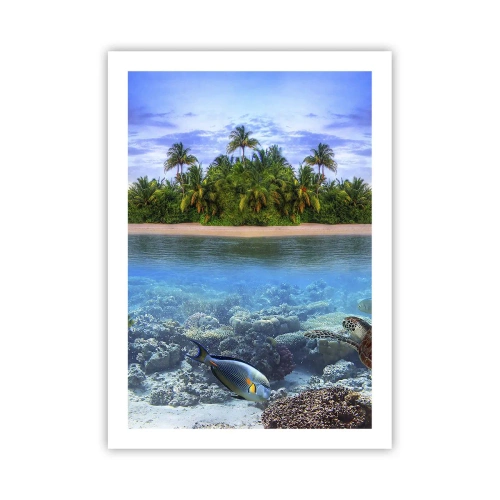Affiche - Poster - Une île tropicale avec un récif corallien et des poissons exotiques. - 50x70cm - L'île céleste vous invite - Décoration murale moderne pour le salon et la chambre ARTTOR