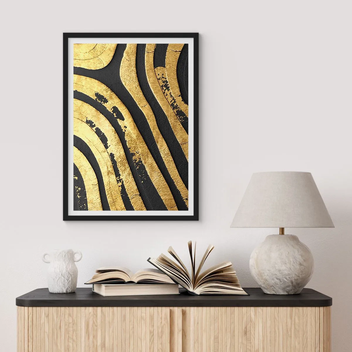 Affiche dans un cadre noir - Poster - Lignes dorées sur fond sombre - 50x70cm - Tout coule - Décoration murale moderne pour le salon et la chambre ARTTOR