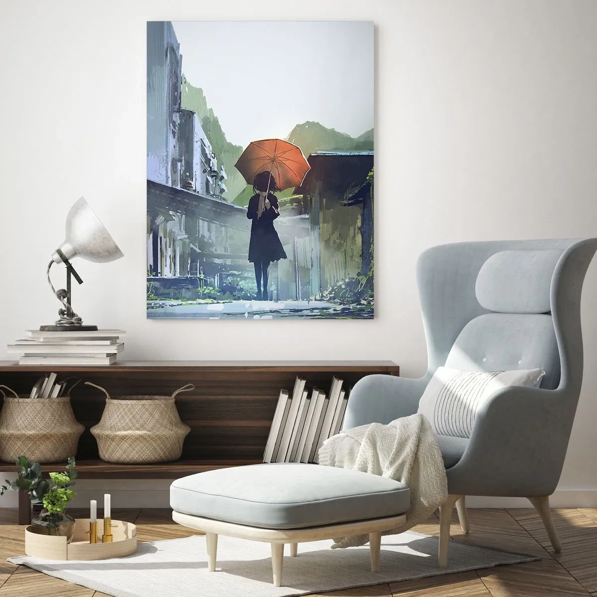 Impression sur verre - Image sur verre - Une silhouette avec un parapluie orange dans une rue pluvieuse - 50x70cm - Pluie vivifiante - Décoration murale moderne pour le salon et la chambre ARTTOR