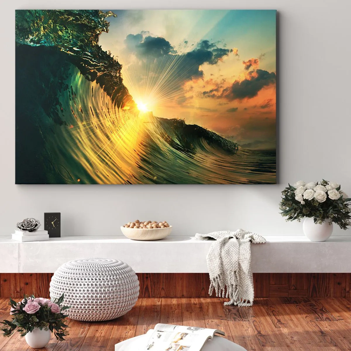 Impression sur toile - Image sur toile - Une vague avec le soleil couchant et les nuages illuminés - 120x80cm - Surfeur, où es-tu ? - Décoration murale moderne pour le salon et la chambre ARTTOR