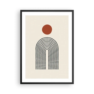 Affiche dans un cadre noir - Poster - Abstraction géométrique avec un arc linéaire et un cercle rouge. - 50x70cm - Le magnétisme des formes et des couleurs - Décoration murale moderne pour le salon et la chambre ARTTOR