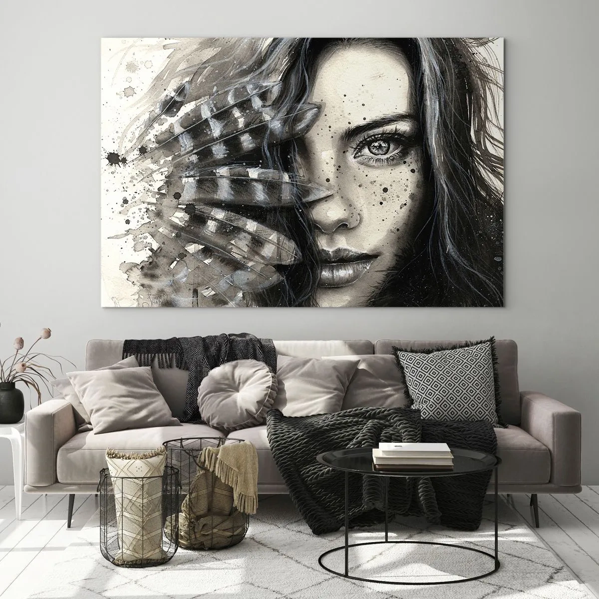 Impression sur verre - Image sur verre - Portrait d'une femme avec des plumes et des détails abstraits - 70x50cm - Beauté sauvage - Décoration murale moderne pour le salon et la chambre ARTTOR