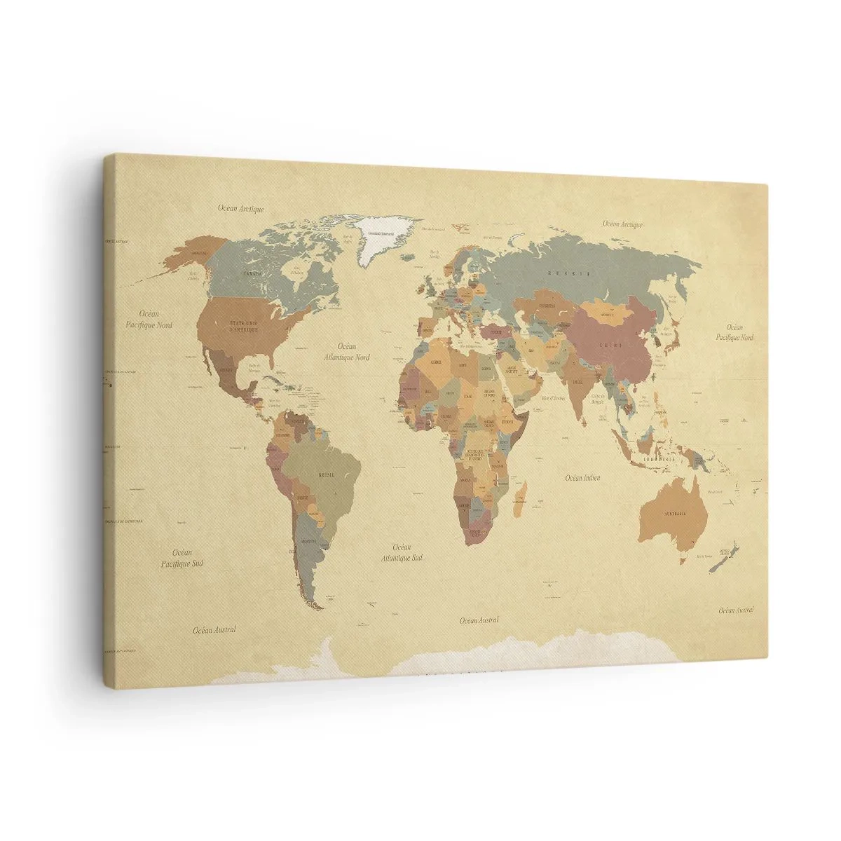 Impression sur toile - Image sur toile - Une carte du monde stylisée dans des tons de beige et de couleurs pastel. - 70x50cm - Pour vous - le monde entier - Décoration murale moderne pour le salon et la chambre ARTTOR