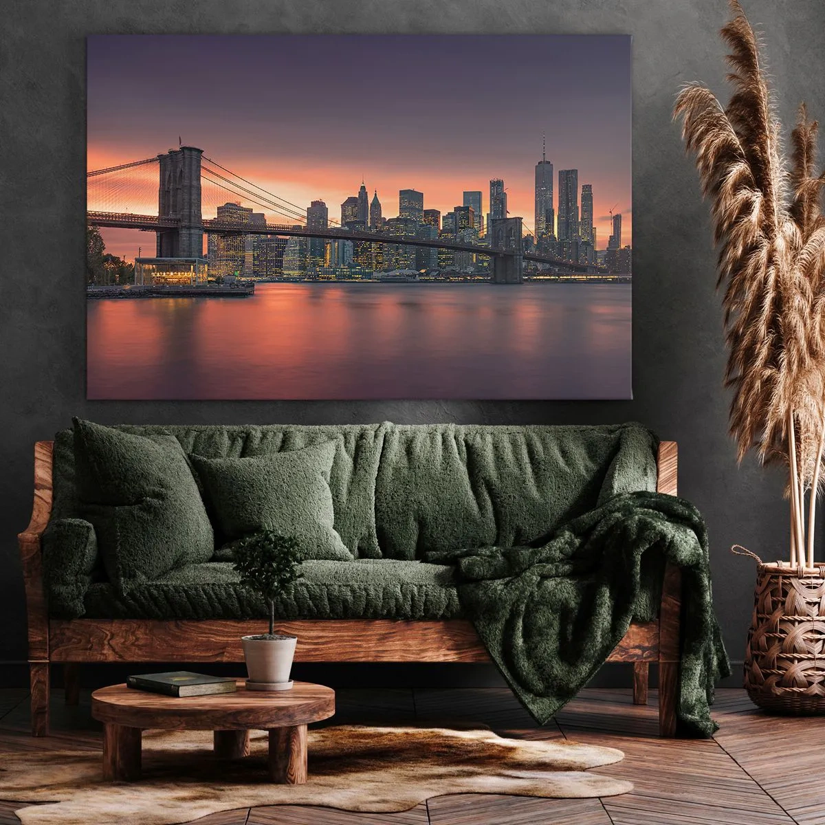 Impression sur toile - Image sur toile - Panorama nocturne de la ville avec un pont et un ciel illuminé - 100x70cm - Immergé dans le silence lilas - Décoration murale moderne pour le salon et la chambre ARTTOR