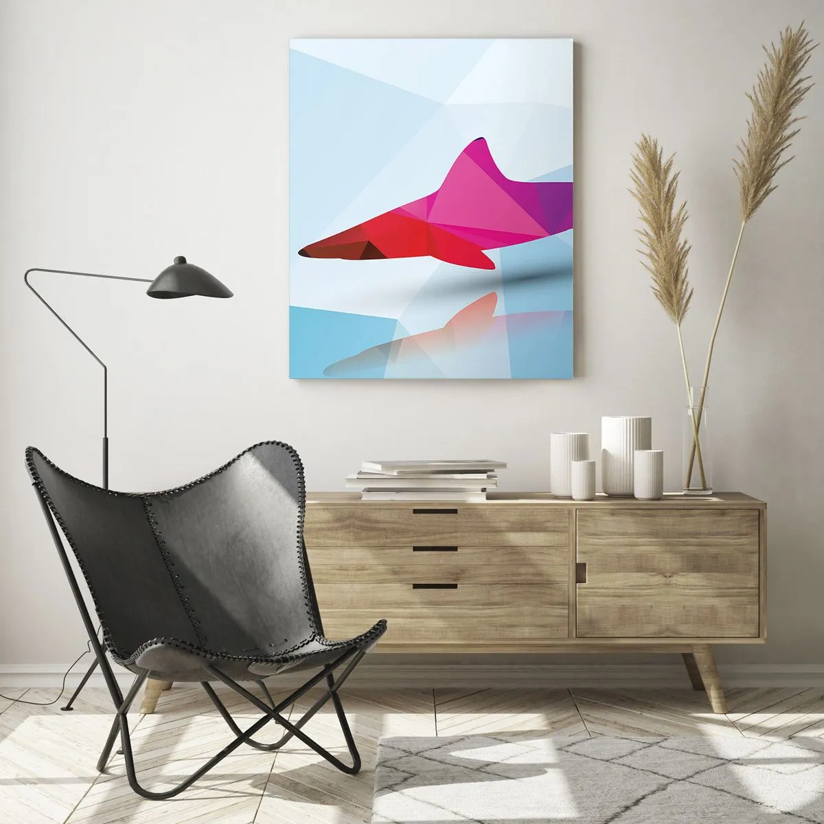 Impression sur verre - Image sur verre - Requin géométrique dans les tons de rouge et de bleu - 50x70cm - Un requin dans un espace de cristal - Décoration murale moderne pour le salon et la chambre ARTTOR