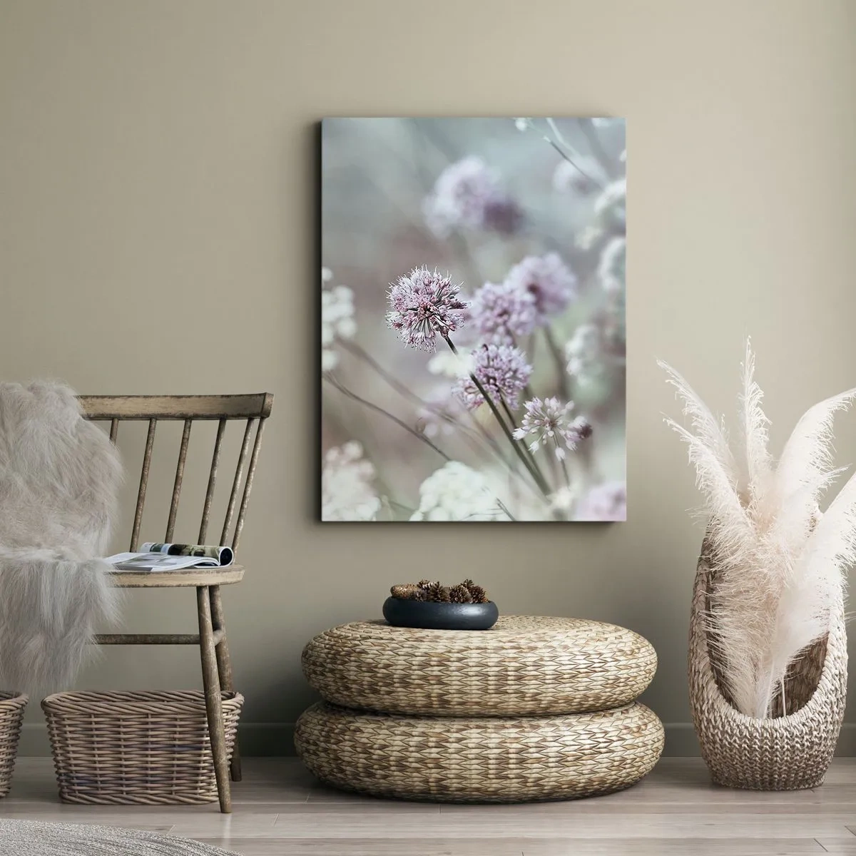 Impression sur toile - Image sur toile - Fleurs délicates aux tons pastel - 70x100cm - Herbes douces en filigrane - Décoration murale moderne pour le salon et la chambre ARTTOR