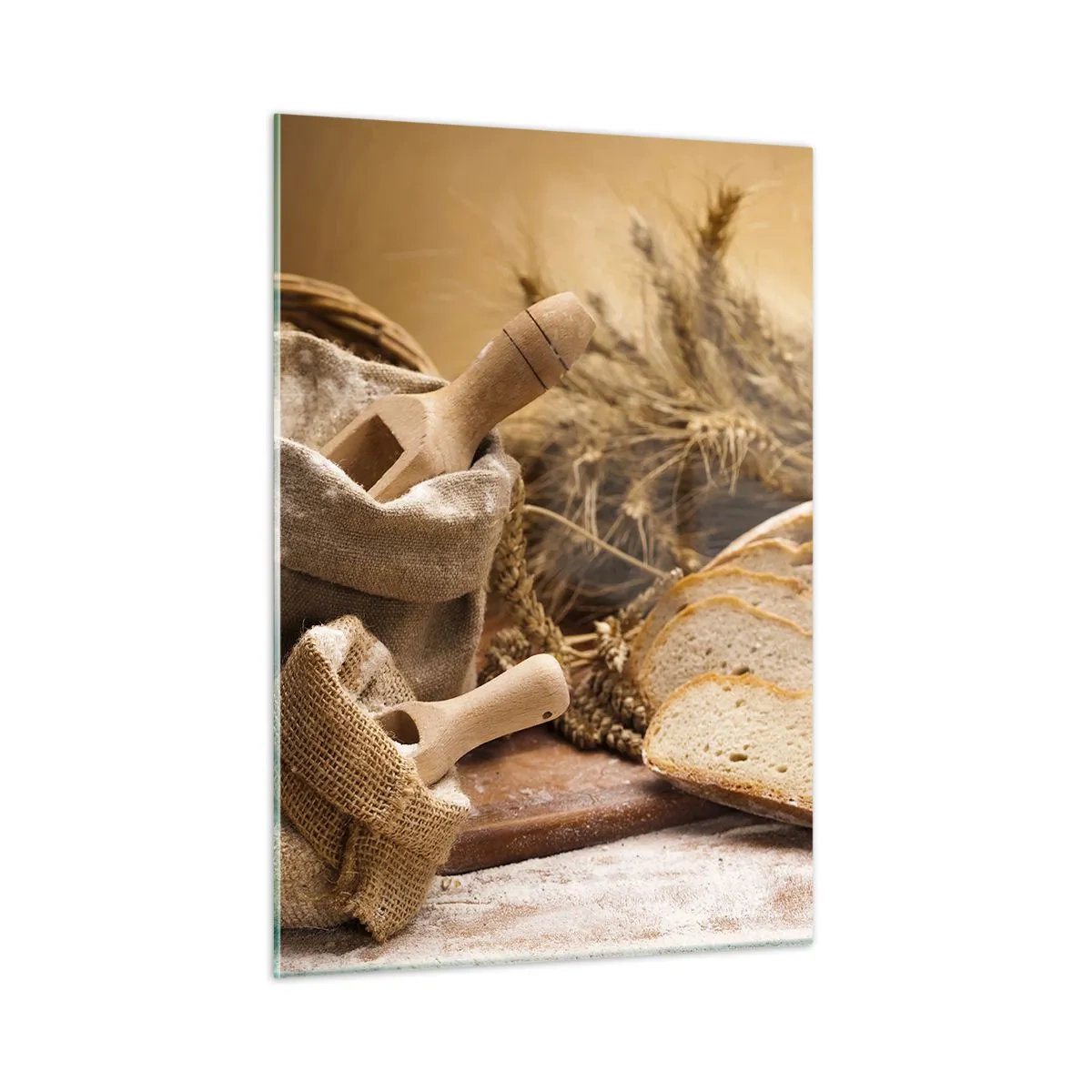 Impression sur verre - Image sur verre - Pain, farine et épis de céréales dans un style rustique - 50x70cm - Comment il coupe avec un couteau - Décoration murale moderne pour le salon et la chambre ARTTOR