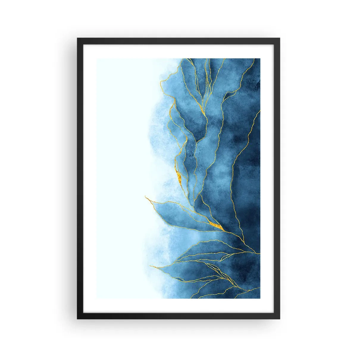 Affiche dans un cadre noir - Poster - Une composition abstraite dans des tons de bleu avec des lignes dorées. - 50x70cm - Bleu doré - Décoration murale moderne pour le salon et la chambre ARTTOR
